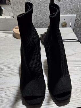MIA Black Peep-Toe Knit Sock Heeled Boots